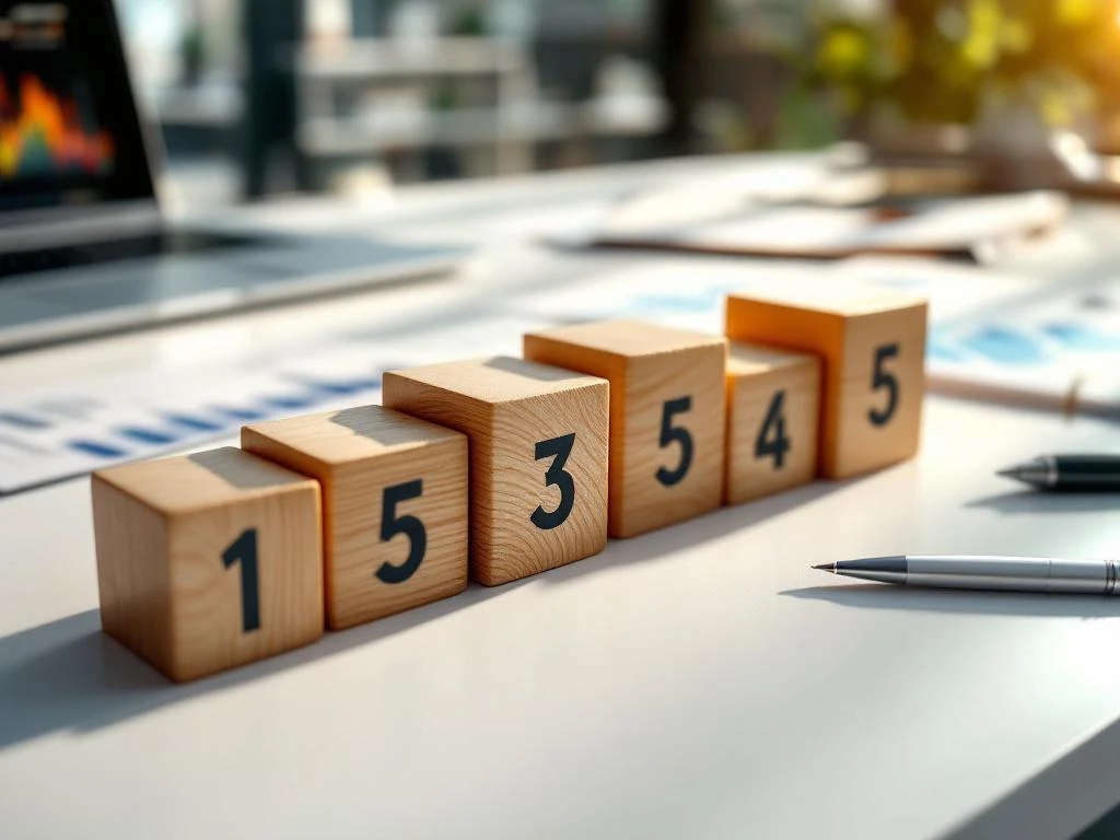 Vijf houten blokken genummerd 1-5 in trapvorm op modern bureau met laptop en documenten voor sollicitatiestappen