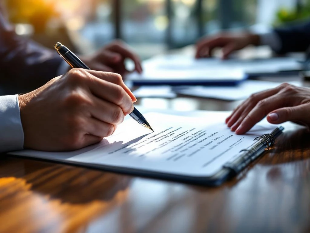 Twee handen tijdens professioneel sollicitatiegesprek, één met pen boven notitieblok, kantooromgeving met laptop