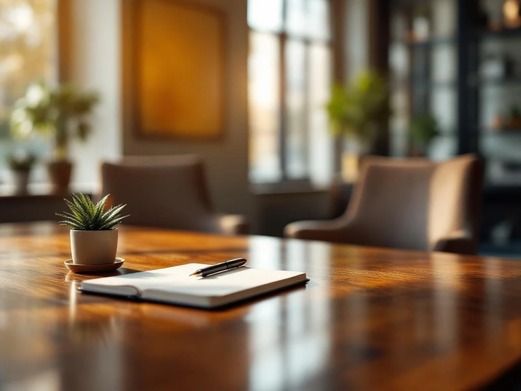 Professionele kantooropstelling met twee stoelen en bureau voor sollicitatiegesprek, notebook en plant op tafel