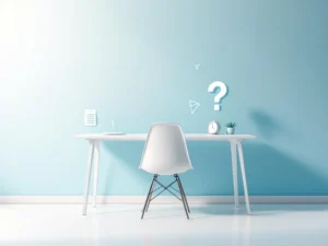 Moderne stoel aan wit bureau met minimalistische interview-elementen: notitieblok, klok en vraagtekens op blauwe achtergrond