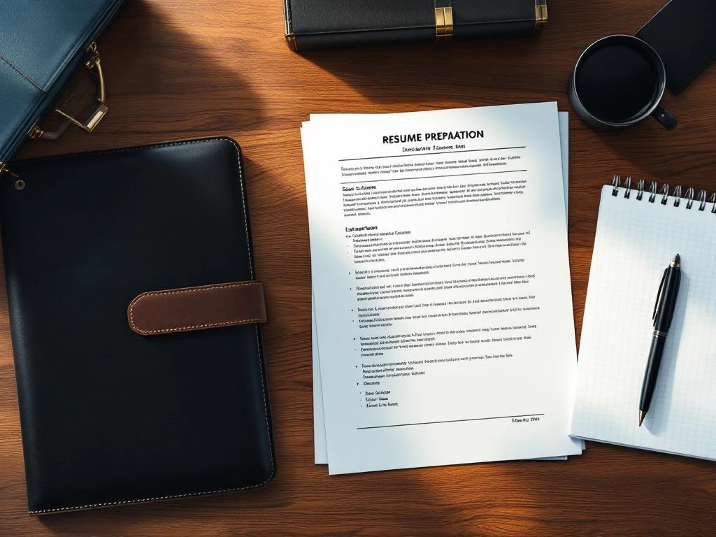 Houten bureau met sollicitatievoorbereidingsmaterialen: cv, leren portfolio, pen, notitieblok en aktetas hoek