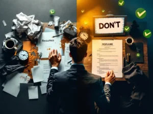 Gesplitst scherm toont slechte versus goede sollicitatievoorbereiding: rommelige werkplek tegenover georganiseerde ruimte