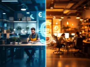 Vergelijking uitzendkracht versus vaste werknemer: industriële werkplek tegenover moderne kantooromgeving met eurosymbolen