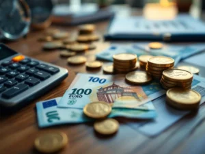 Euro bankbiljetten en munten op houten bureau met digitale calculator voor loonberekening, documenten op achtergrond