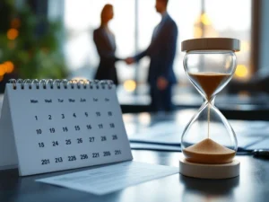 Zandloper op kantoorbureau met kalender en contracten, zakenpeople op achtergrond, tijdslimiet werkgelegenheid concept