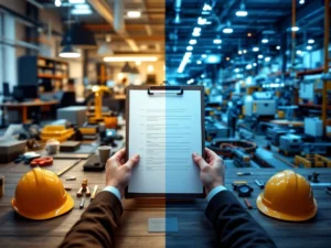 Gesplitst scherm toont modern kantoor en industriële productievloer met cv-clipboard die beide werkomgevingen verbindt