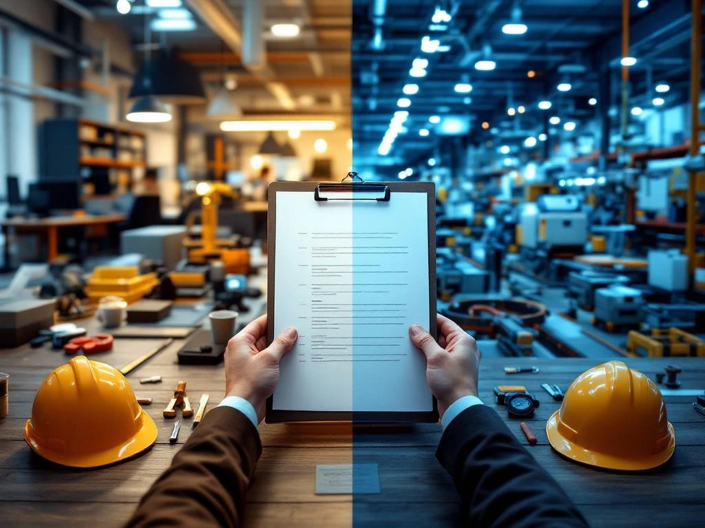 Gesplitst scherm toont modern kantoor en industriële productievloer met cv-clipboard die beide werkomgevingen verbindt