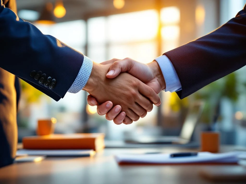 Professionele handdruk tussen twee zakenmensen in modern kantoor met natuurlijk licht door ramen