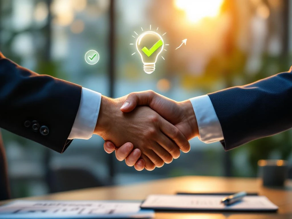 Professionele handdruk tussen twee personen in modern kantoor met symbolen van succes en vertrouwen