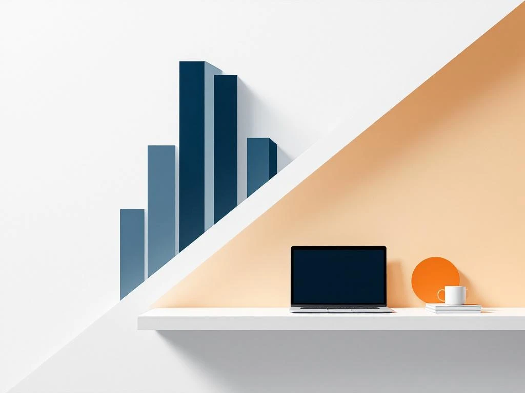 Gesplitste compositie met kantoorgebouw links en thuiswerkplek rechts, gescheiden door diagonale lijn in blauw en oranje