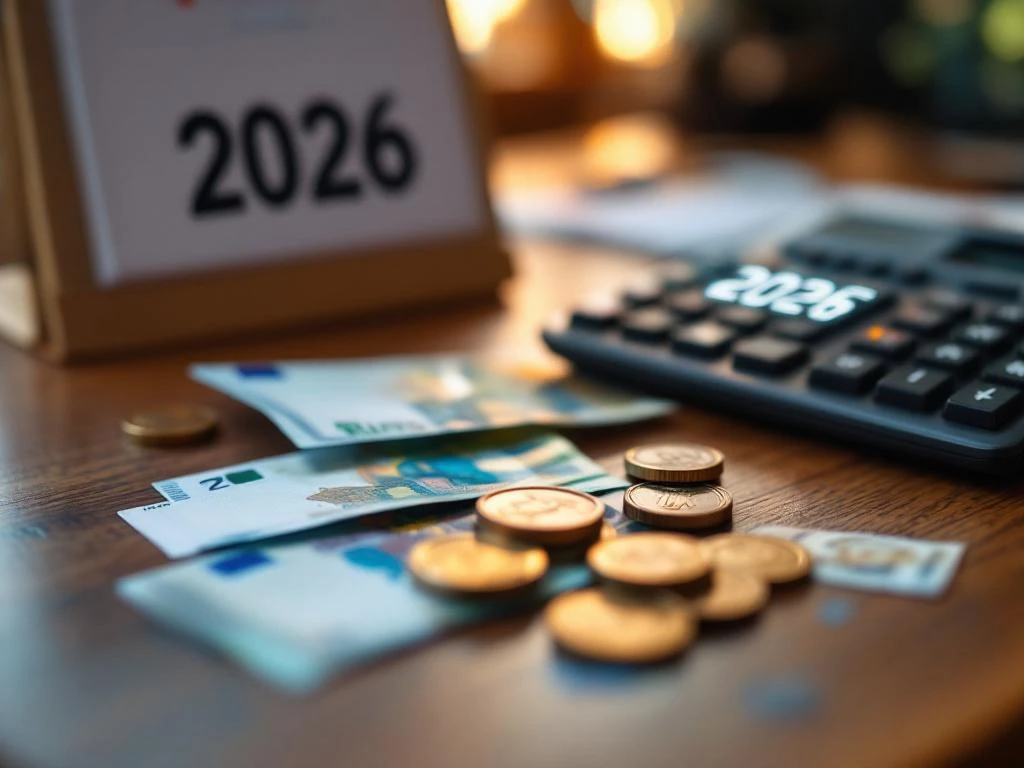 Euro bankbiljetten en munten op houten bureau met rekenmachine die 2026 toont, januari kalender op achtergrond