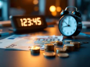 Euro bankbiljetten en munten op bureau met digitale rekenmachine en klok, professionele werkplek voor loonberekening