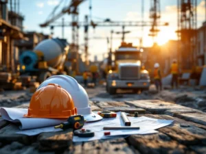 Bouwplaats met helmen, blauwdrukken en meetgereedschap op houten planken, betonmixer en wegenbouwmachines op achtergrond