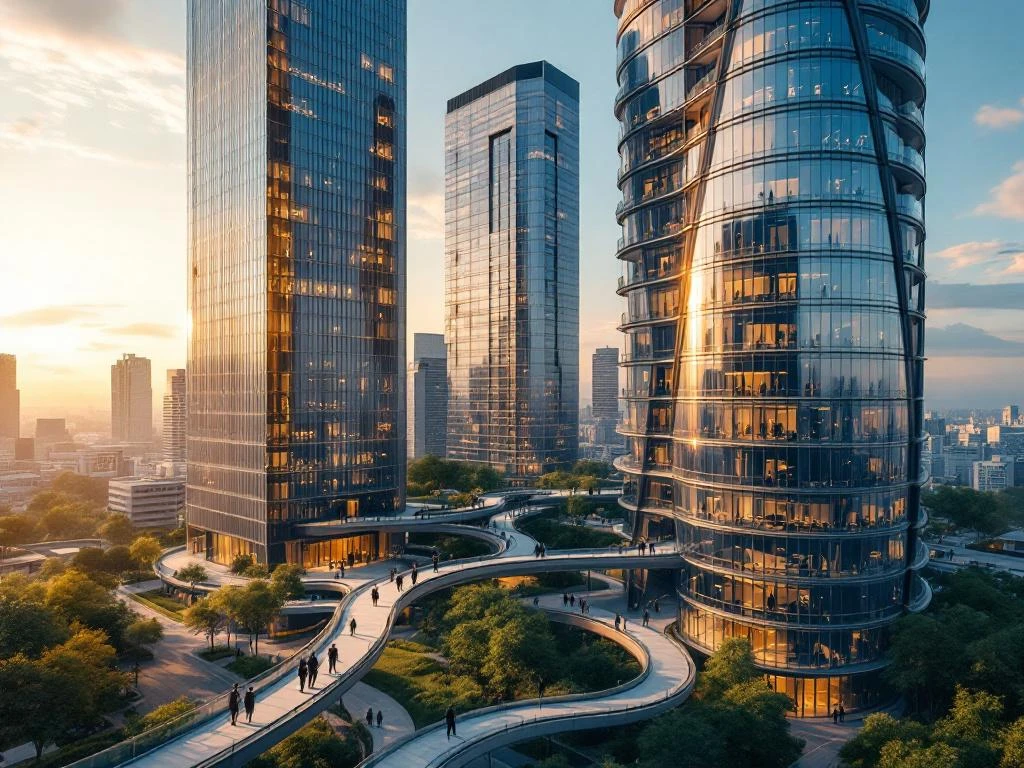 Luchtfoto van moderne kantoorgebouwen met glazen torens, verbonden door paden waar professionals in pak lopen