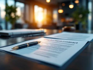 Arbeidscontracten en juridische documenten met Nederlandse tekst op modern kantoorbureau met vulpen