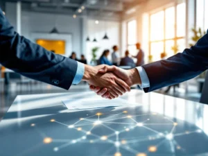 Moderne kantooromgeving waar professionals samenwerken en documenten uitwisselen voor arbeidsbemiddeling