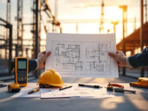 Bouwspecialist houdt architecturale blauwdrukken vast op bouwplaats met staalconstructie en professionele gereedschappen