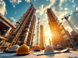 Bouwplaats met steigers die omhoog reiken naar heldere lucht, ladder, bouwgereedschap en helmen op blauwdrukken