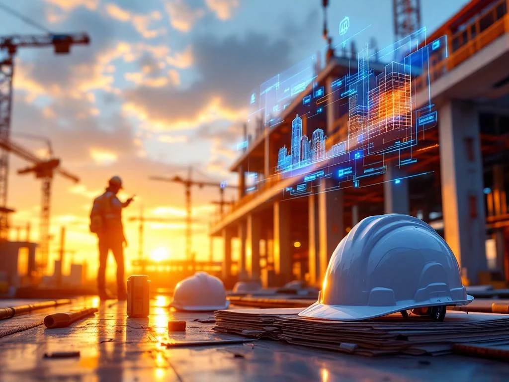 Futuristische bouwplaats met robotkranen, holografische blauwdrukken en geavanceerde technologie tijdens gouden uur
