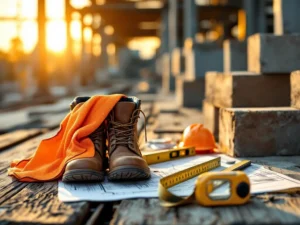Bouwplaats met werkschoenen, helm en gereedschap op houten planken met blauwdrukken en meetlint in gouden licht