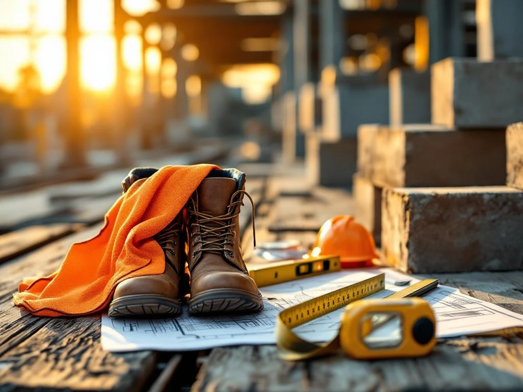 Bouwplaats met werkschoenen, helm en gereedschap op houten planken met blauwdrukken en meetlint in gouden licht