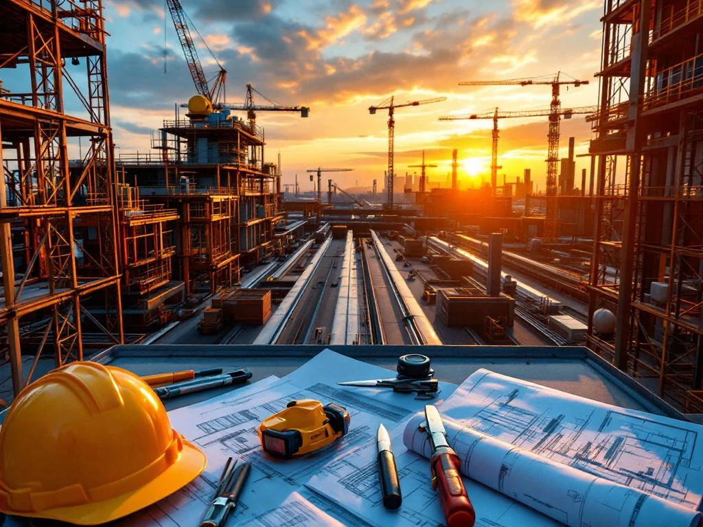 Luchtfoto van moderne bouwplaats bij zonsondergang met stalen balken, kranen en bouwmateriaal in geometrische patronen