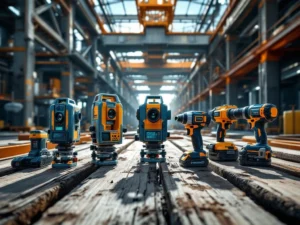 Moderne bouwmachines en digitale meetapparatuur op houten planken met staalconstructie op bouwplaats op achtergrond