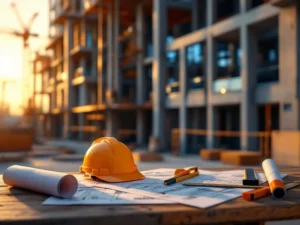 Bouwplaats met modern gebouw in aanbouw, bouwgereedschap en blauwdrukken op tafel, kranen op achtergrond