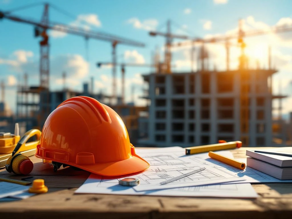 Bouwplaats werkbank met bouwhelm, blauwdrukken en educatief materiaal, betonstructuur en kranen op achtergrond