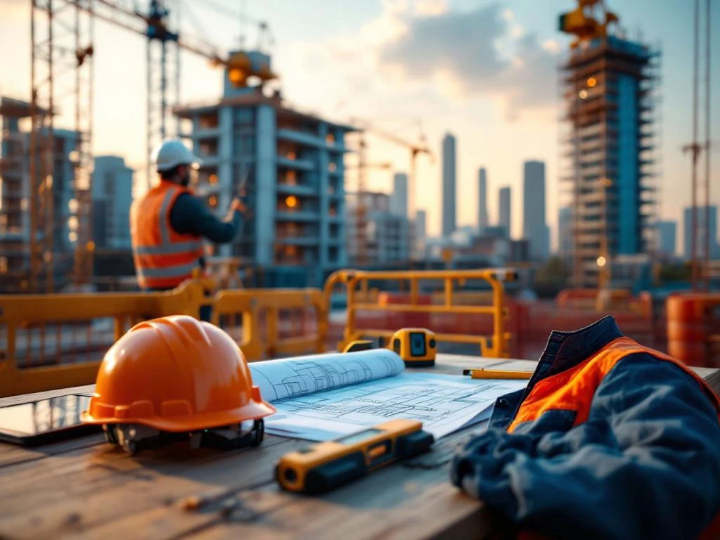 Bouwplaats met kraanbestuurder, bouwhelmen, veiligheidsvesten, bouwtekeningen en moderne gebouwconstructie op achtergrond