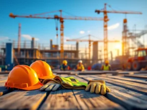 Bouwplaats met oranje veiligheidshelmen, hesjes en handschoenen op houten planken, moderne bouwapparatuur op achtergrond