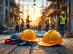Gele bouwhelmen en veiligheidsvesten op tafel met bouwvakkers op steiger op de achtergrond tijdens gouden uur