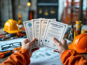 Bouwvakker houdt officiële certificaten en veiligheidsdocumenten vast met helmen en gereedschap op achtergrond