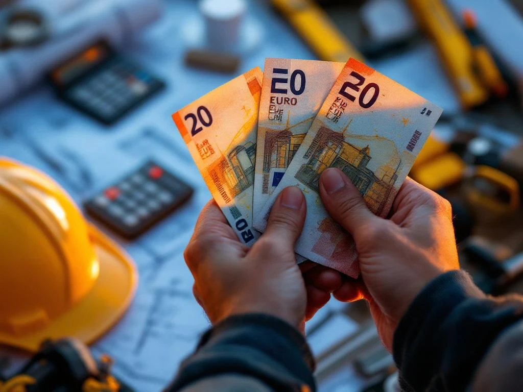 Bouwvakker houdt euro bankbiljetten vast met bouwhelm en gereedschap op achtergrond in gouden licht