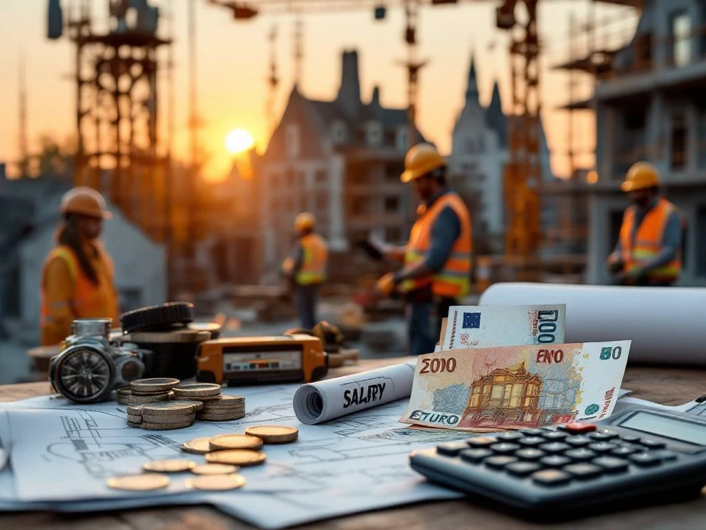 Bouwvakkers in veiligheidskleding op Nederlandse bouwplaats met eurobiljetten en calculator voor salaris berekening