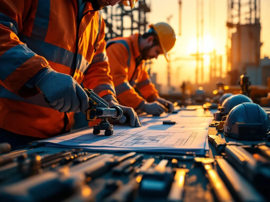 Bouwvakkers in veiligheidspakken met helmen werken met moderne gereedschappen op bouwplaats bij gouden uur