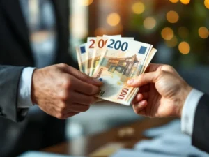 Twee professionele handen wisselen euro bankbiljetten uit in moderne kantooromgeving met zachte verlichting