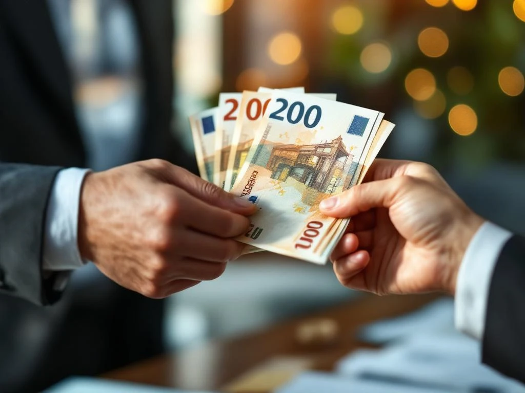 Twee professionele handen wisselen euro bankbiljetten uit in moderne kantooromgeving met zachte verlichting