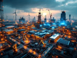 Luchtfoto van Groningen's industriële landschap met robotarmen, windmolens en zonnepanelen in modern technisch bedrijf