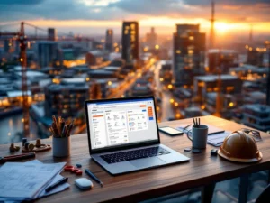 Laptop met vacature-tabs op bureau met bouwhelm en technische tekeningen, industrieel Groningen op achtergrond tijdens gouden uur