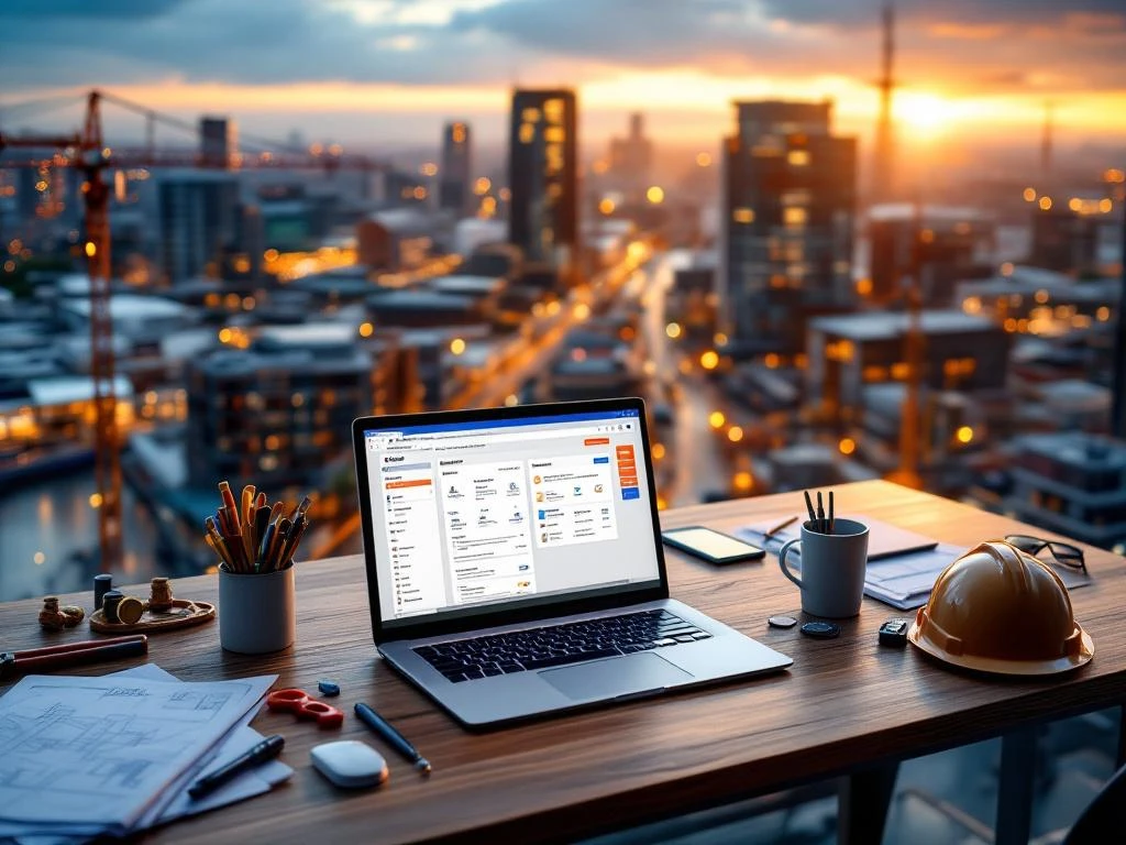 Laptop met vacature-tabs op bureau met bouwhelm en technische tekeningen, industrieel Groningen op achtergrond tijdens gouden uur