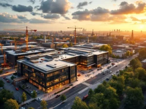 Luchtfoto van Groningen's technische wijk met MBO-college, fabrieken en bouwkranen tijdens gouden uur