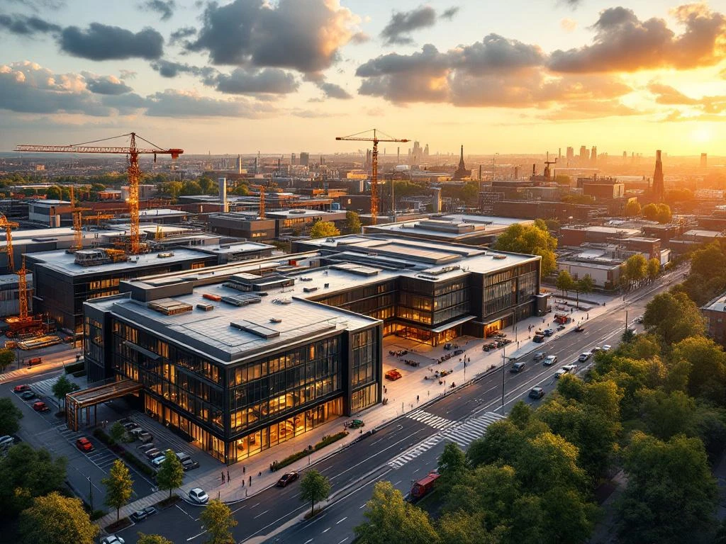 Luchtfoto van Groningen's technische wijk met MBO-college, fabrieken en bouwkranen tijdens gouden uur