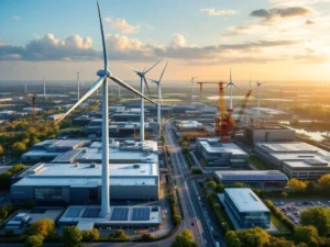 Luchtfoto van Groningen's industriële landschap met windmolens, zonnepanelen, bouwkranen en moderne technologiecentra