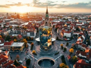 Luchtfoto van Groningen centrum met Martinitoren en moderne glazen kantoorgebouw, kruisende wegen symboliseren carrièrepaden