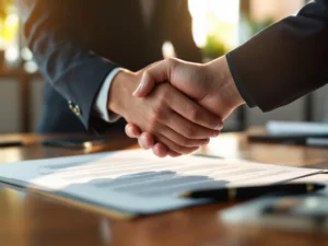 Professionele handdruk boven houten bureau met contractdocumenten en pen in modern kantoor van uitzendbureau