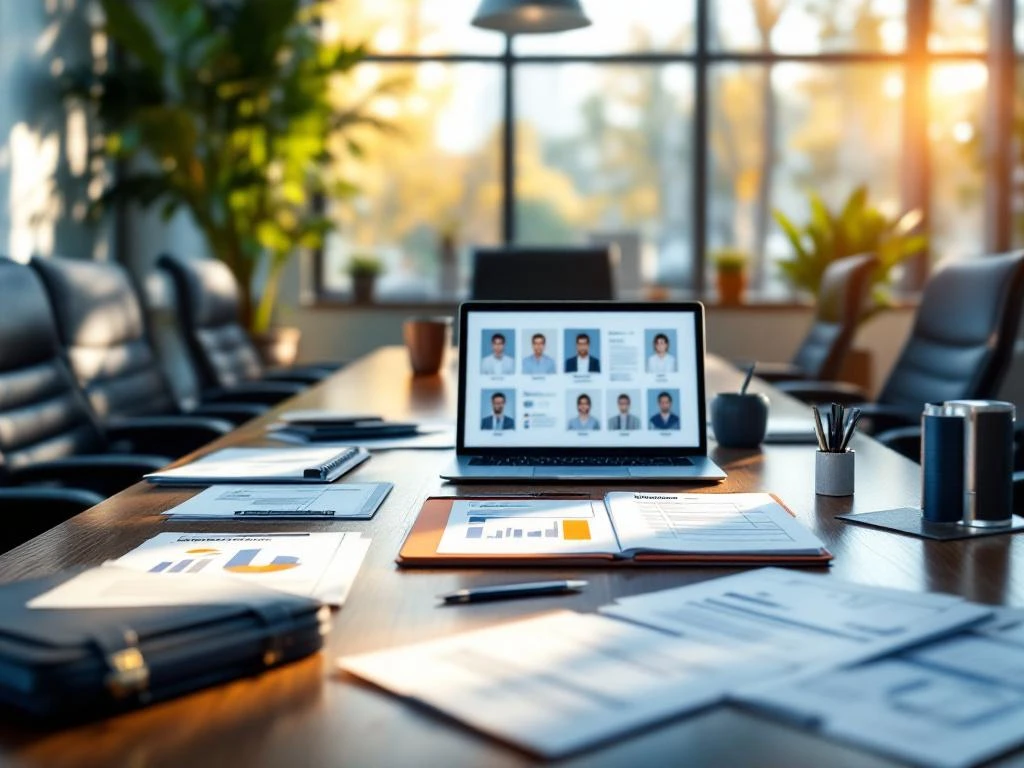 HR-wervingsproces op kantoor met cv's, portfolios en evaluatieformulieren op houten vergadertafel met laptop