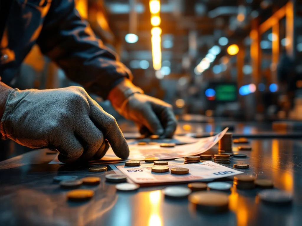 Werker met handschoenen bedient industriële machines met eurobankbiljetten op werkbank in moderne productiefaciliteit