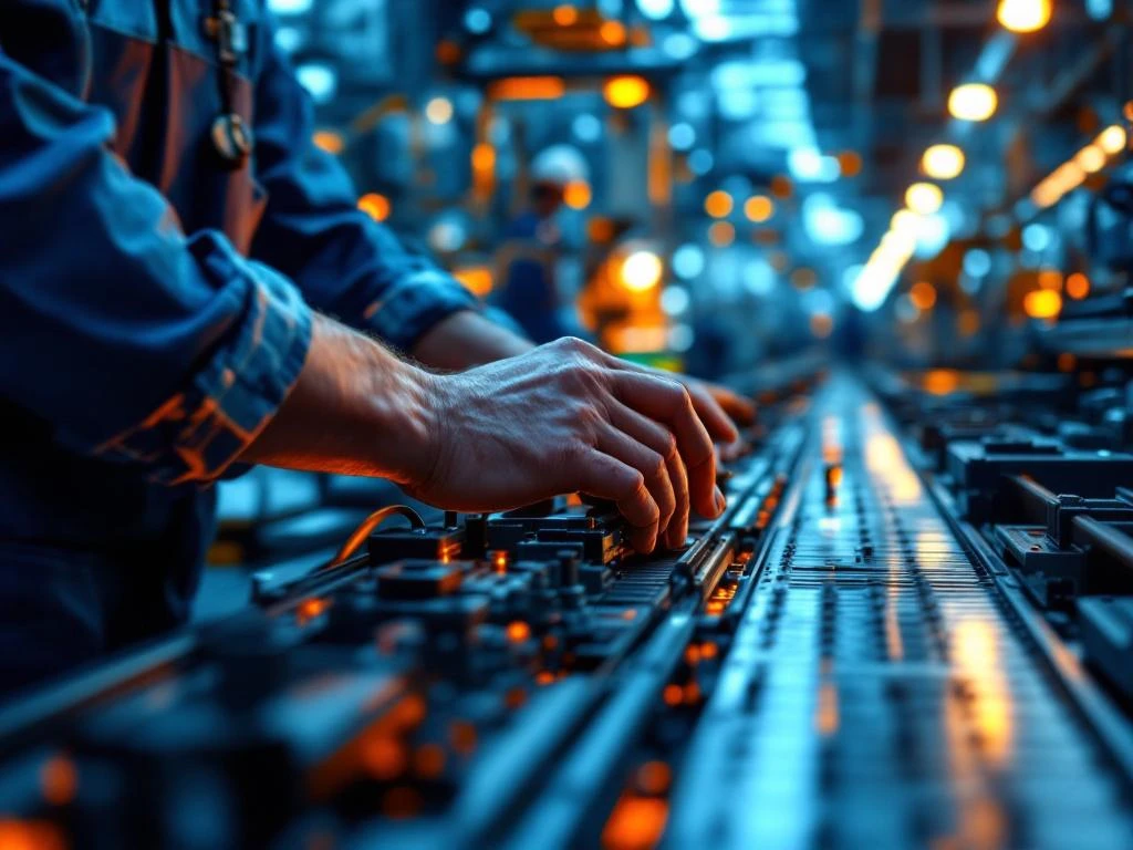 Werker bedient moderne industriële machines op productielijnen met stalen oppervlakken en controlepanelen