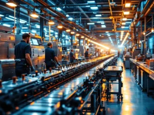 Moderne industriële productiefaciliteit met glanzende roestvrijstalen machines, transportbanden en controlepanelen